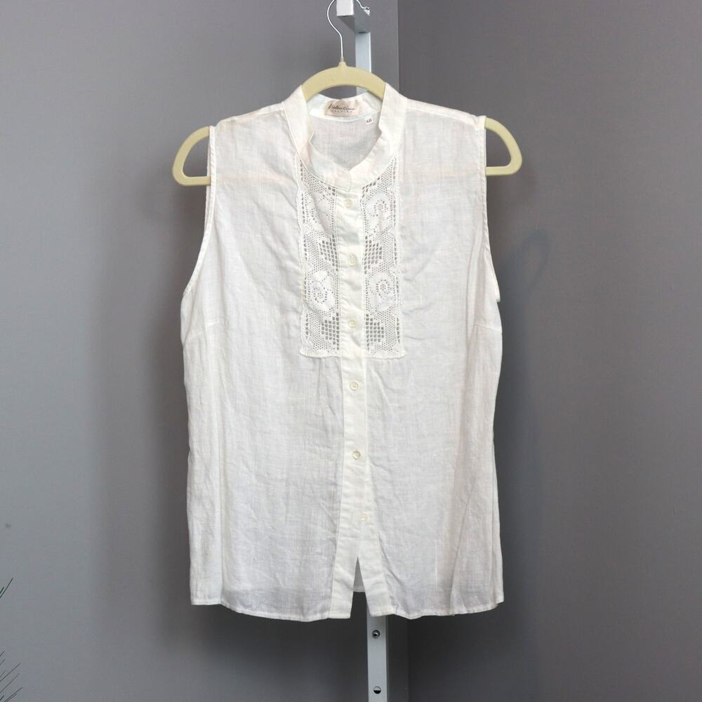 Valentine‎ Fashion White Linen Eyelet Sleeveless Blouse Women’s 48 EU - Large